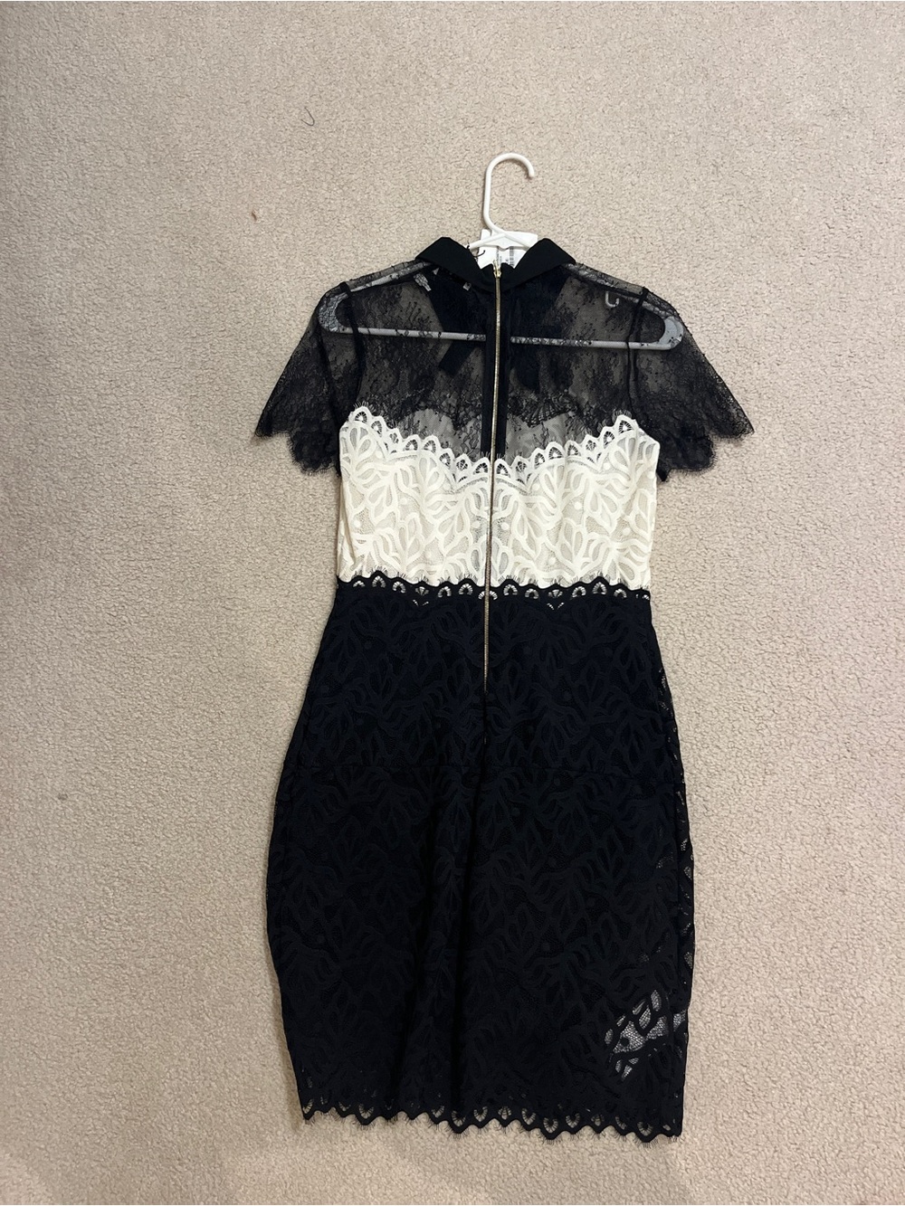 Sandro Black and White Lace Midi Dress with Sheer Yoke